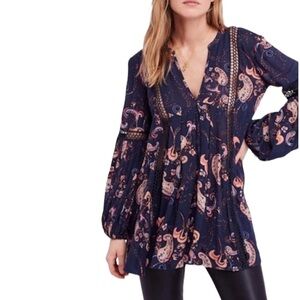 Free People Just The Two Of Us Navy Blue Paisley Lace Puff Sleeve Tunic Top - XS